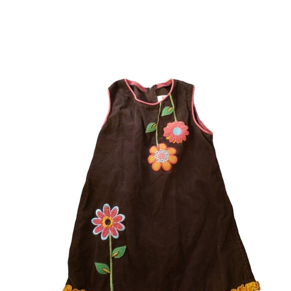 Rare Editions Brown Corduroy Jumper Girl’s Dress Flowers Ruffles Colorful Size 5 - Picture 3 of 8